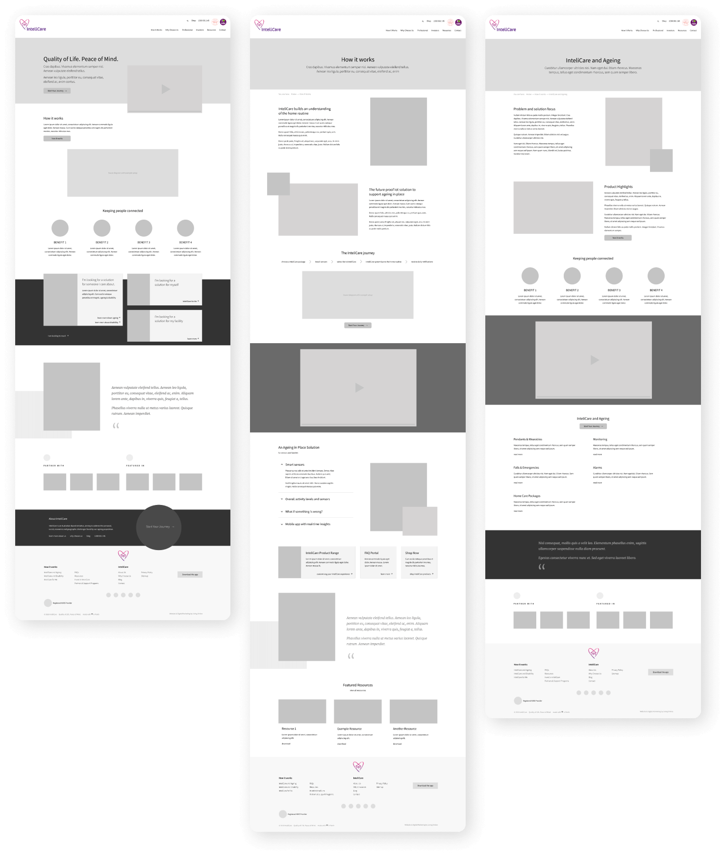 Wireframes for InteliCare's website designs