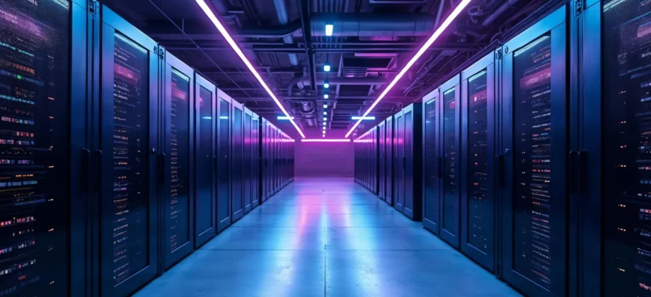 Futuristic neon-lit data centre server racks representing professional website hosting services in Perth