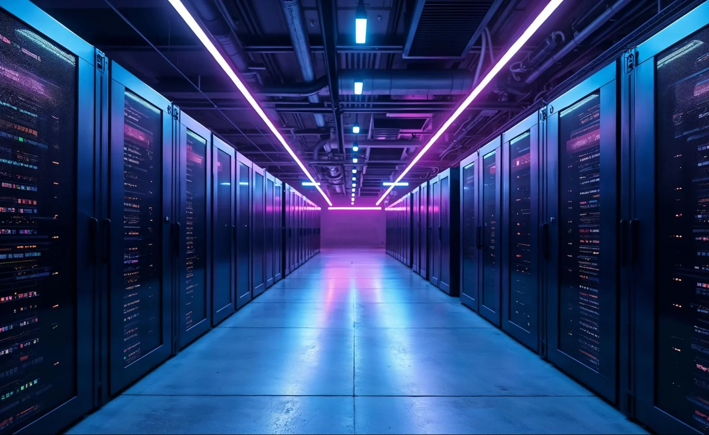 Futuristic neon-lit data centre server racks representing professional website hosting services in Perth