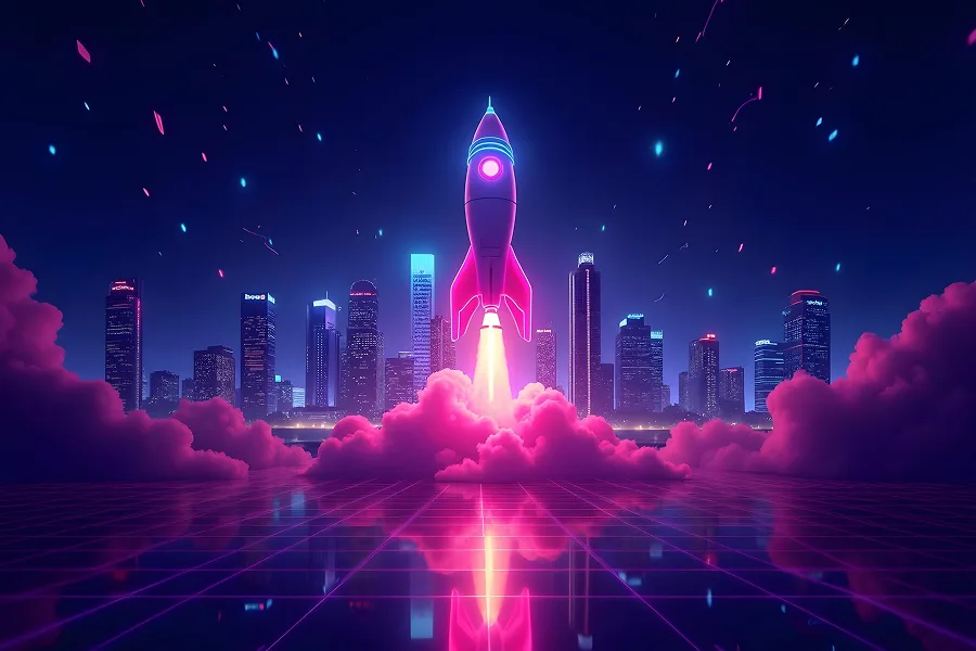Futuristic neon rocket launching over Perth city skyline symbolising business growth