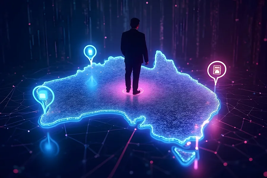 Business owner standing on glowing map of Australia with Perth data links