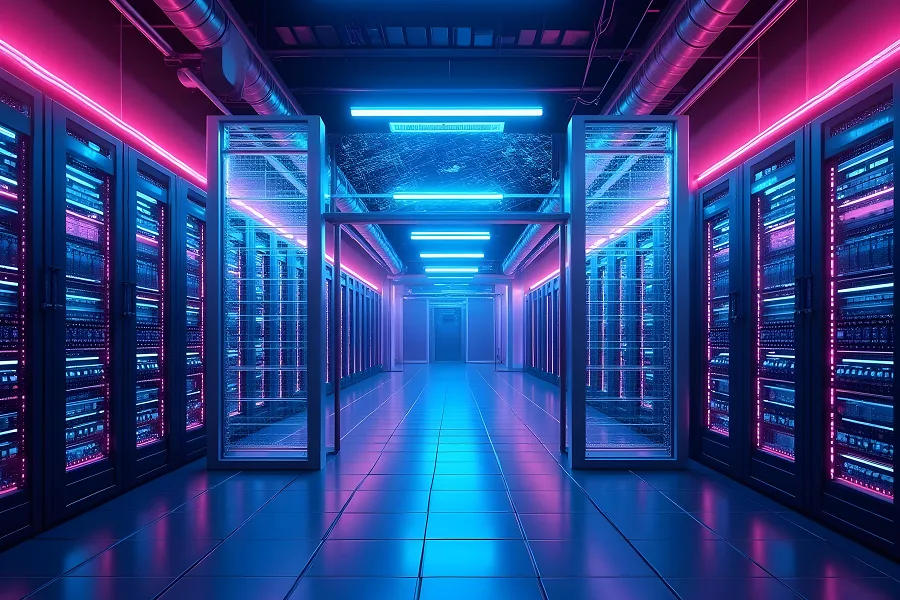 Modern data centre in Perth with neon-lit server racks and fibre optic cables