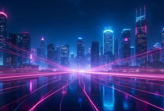 Futuristic Perth city skyline with glowing neon internet data streams