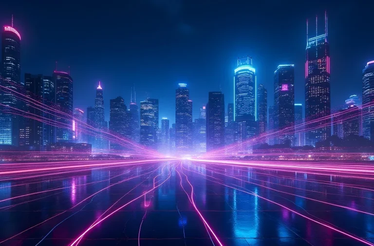 Futuristic Perth city skyline with glowing neon internet data streams