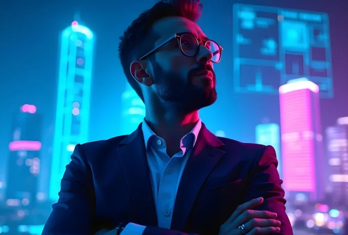 Stylised businessman with neon Perth city skyline and holographic data screens