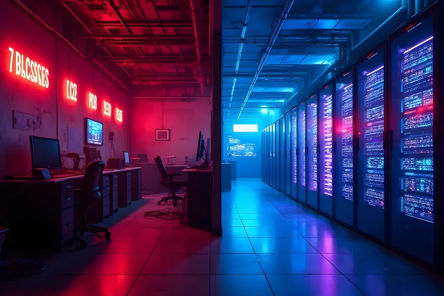 Split view showing small office server room beside secure Perth data centre