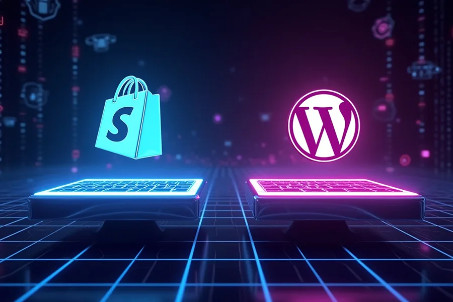 Neon holographic icons of Shopify and WordPress representing ecommerce platform choice