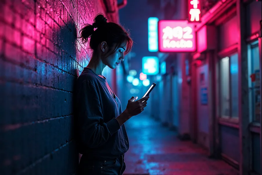 Stylised woman browsing ecommerce on her phone under neon city lights