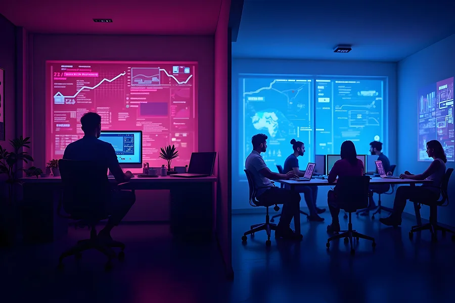Comparison of a dull vendor office versus a vibrant partner agency with neon data dashboards