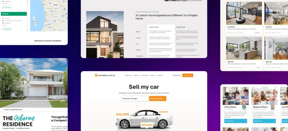 Collage of custom WordPress website designs showcasing unique layouts for Perth businesses, highlighting the difference between off-the-shelf themes and tailored high-performance websites