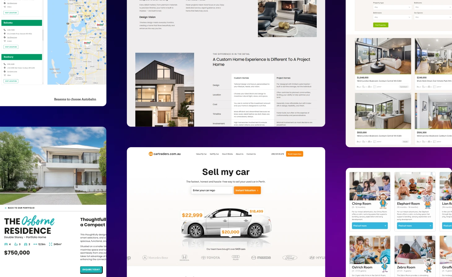 Collage of custom WordPress website designs showcasing unique layouts for Perth businesses, highlighting the difference between off-the-shelf themes and tailored high-performance websites