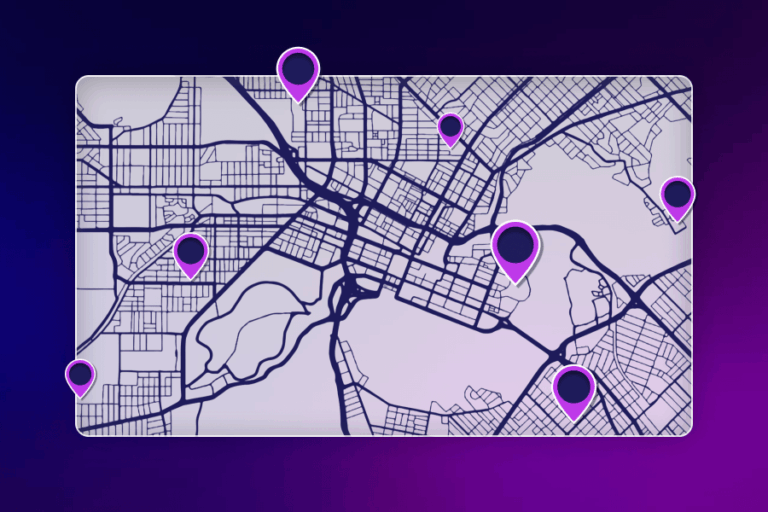 Stylised map of Perth with location pins, showing where local tech and digital community events are held.