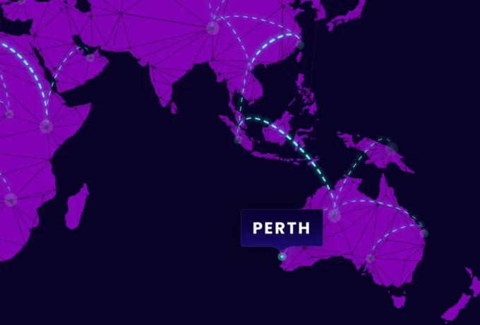 Map showing Perth connected to global servers, symbolising international website hosting and CDN connectivity for Perth businesses