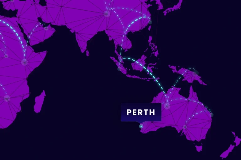 Map showing Perth connected to global servers, symbolising international website hosting and CDN connectivity for Perth businesses