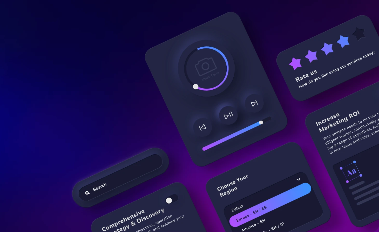Futuristic dark-themed UI design mockup with interactive elements symbolising professional UX and UI design services in Perth