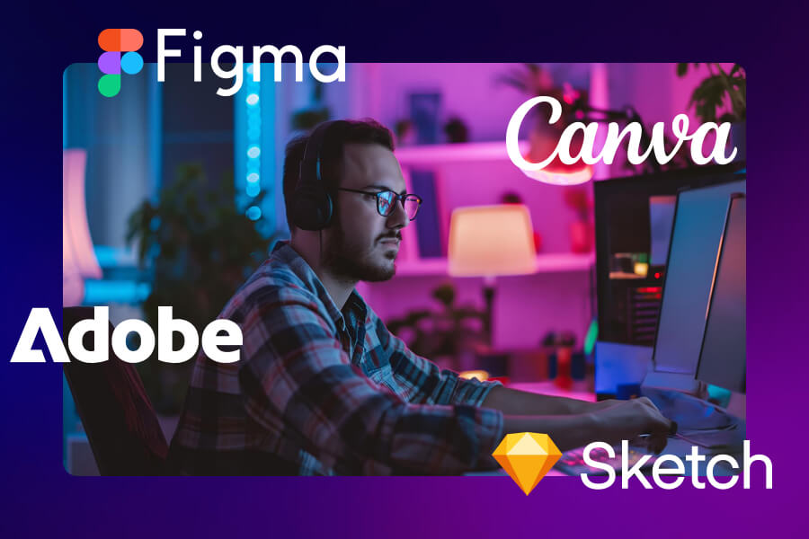 working with tools like Figma, Canva, Adobe, and Sketch, representing the creative side of web design for Perth businesses.