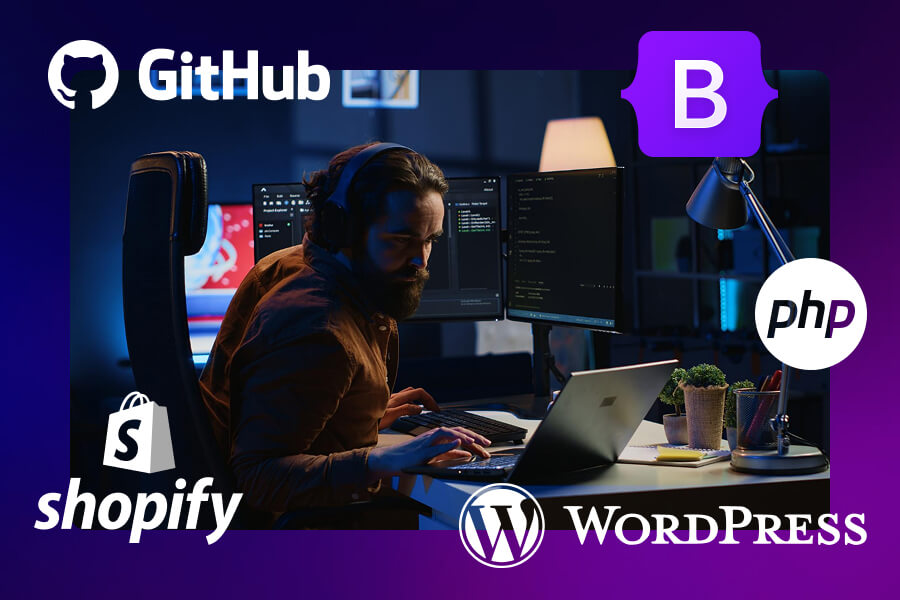 Developer coding with GitHub, Bootstrap, PHP, Shopify, and WordPress, representing the technical side of web development.
