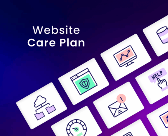 Graphic showing website care plan icons including security, backups, performance, and support services