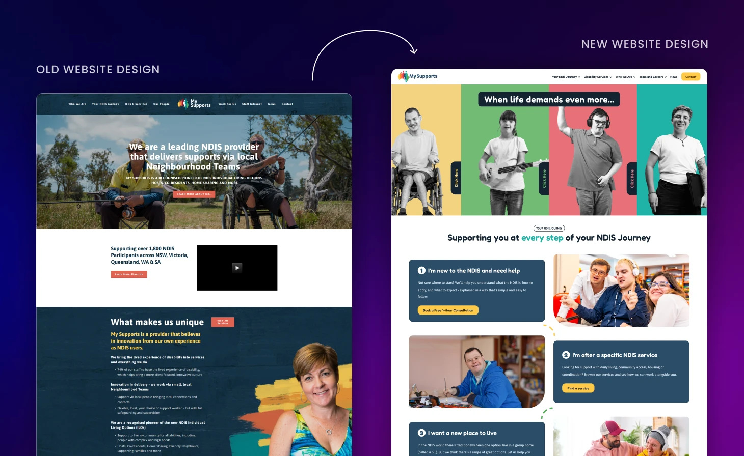 Before and after example of a Perth website redesign, showing transformation from old layout to modern, user-friendly design
