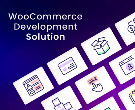 Graphic showing WooCommerce development solution icons, highlighting features like payments, shipping, inventory, and customer management for Perth businesses.