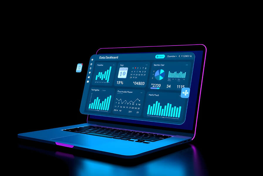 Futuristic laptop dashboard showing website performance analytics, symbolising high-speed WordPress optimisation for Perth businesses