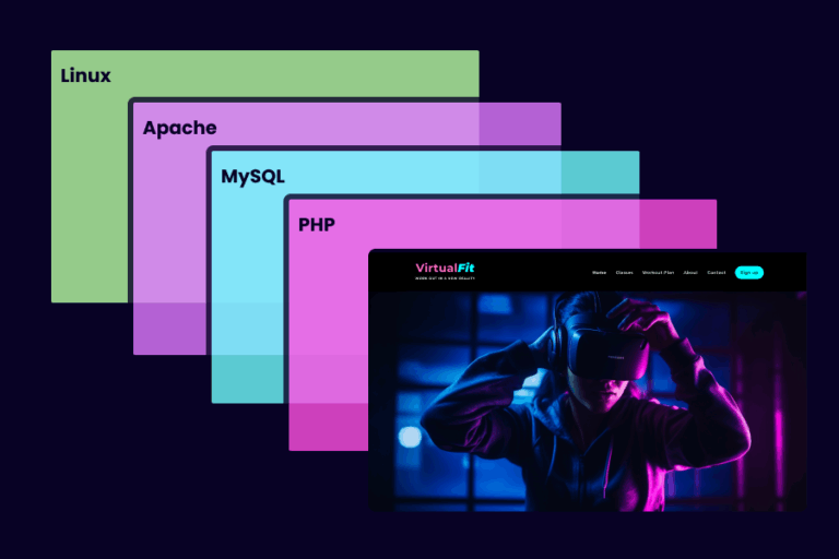 Illustration of the WordPress LAMP stack (Linux, Apache, MySQL, PHP) with website overlay, representing strong hosting foundations for Perth business websites