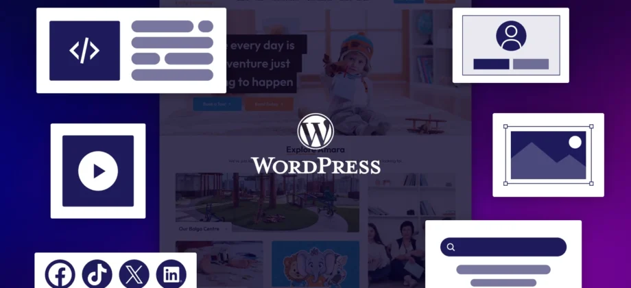 WordPress web development graphic showing custom features like coding, media, user profiles, and social integrations for Perth businesses