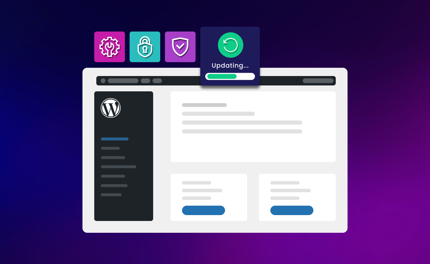 Illustration of WordPress dashboard showing updates, security, and performance monitoring as part of a website maintenance plan